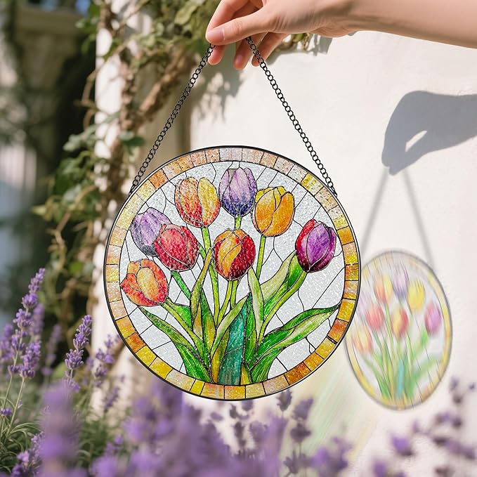 Stained Glass Window Hanging, 8 Inch Tulips Stained Glass Suncatcher, Botanical Lover Gift, Flowers Sun Catcher, Colorful Window Decor, Tulips Housewarming Gifts, Gifts for Mom Her