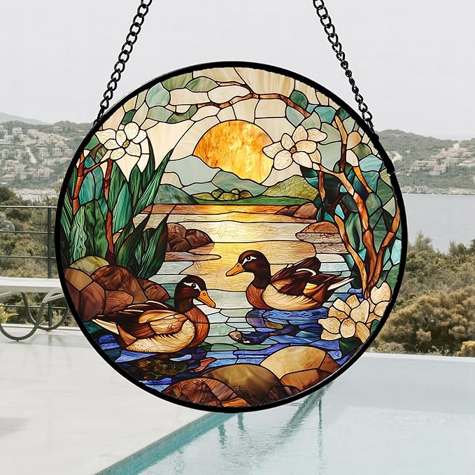 Stained Glass Window Hanging, Ducks in The Pond Sun Catcher for Door Home Decor Landscape Plant Suncatcher Christmas Mother's Day Birthday Gifts for Women Men Mom Nana 9.8 in
