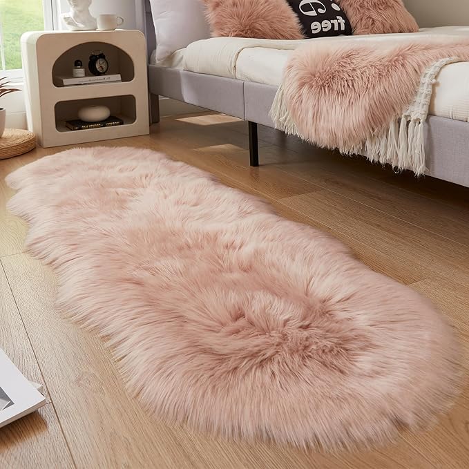 AMTOVO Faux Sheepskin Rug, Pink Ultra Soft Fluffy Shag Area Rug, 2 x 6 ft Faux Fur Rug for Bedroom Sofa Throw Cushion Room Decor, Sheepskin