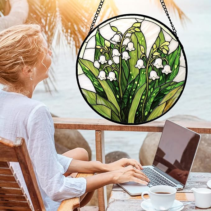 Stained Glass Window Hanging, Lily of The Valley Flower Sun Catchers Colorful Glass Panel Green Plants Suncatcher Decor for Birthday for Women,Men,Wife, Lovers, and Mom 14.9 in