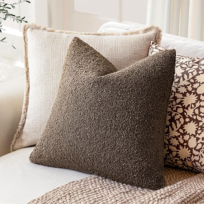 Foindtower Decorative Textured Boucle Throw Pillow Covers Accent Solid Pillow Cases Neutral Soft Cozy Couch Cushion Case for Chair Sofa Bedroom Living Room Home Decor 24x24 Inch,1PC,Light Brown
