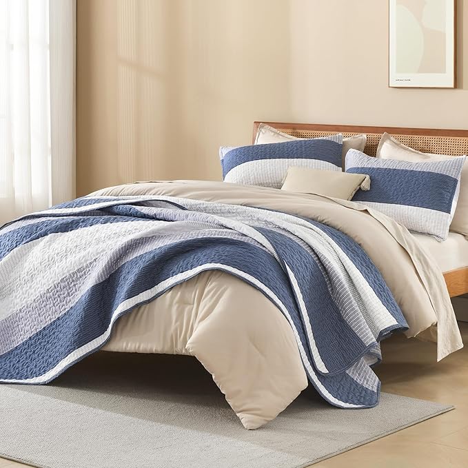 Litanika Oversized Queen Quilt Set Mineral Blue, 98x98 Stripe Bedspread Coverlet 3 Pieces, Mineral Blue Lightweight Quilted Bedding Set for All Season(Oversized Queen-1 Quilt, 2 Pillowcases)