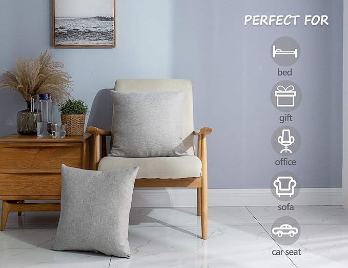 Stellhome Burlap Throw Pillow Covers Solid Farmhouse Linen Pillowcase for Bed Couch Sofa Bench, Set of 2, 24 x 24 inch (60 x 60 cm), Grey