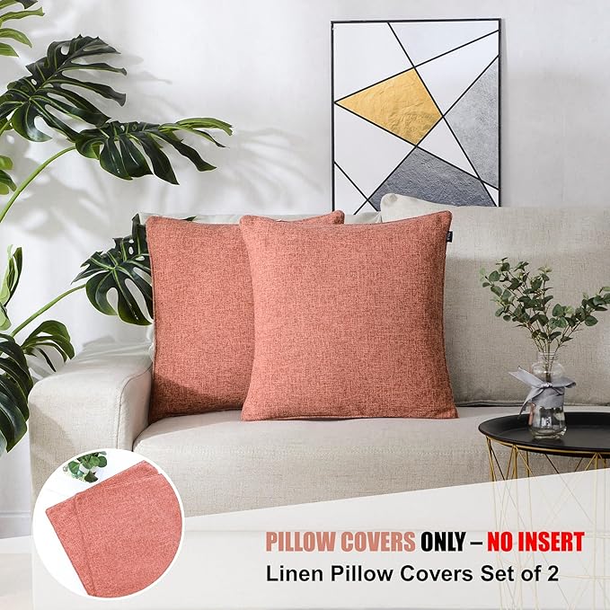 HPUK Linen Throw Pillow Covers Pack of 2, 18x18 Inch Accent Cushion Covers for Living Room, Bedroom, Decorative Solid Color Pillow Covers for Couch, Sofa, Chair, Coral
