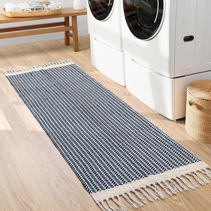 Lahome Boho Kitchen Runner, 2x6 Laundry Room Rug Lightweight Runners for Hallways Washable Runner Rug with Tassels, Farmhouse Cotton Blue Throw Rugs Non Shedding Carpet for Entryway Bathroom