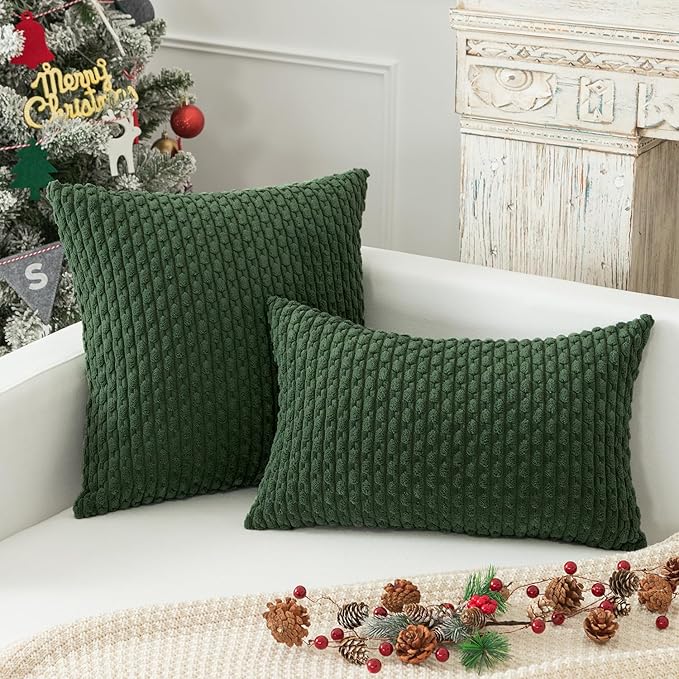 Kevin Textile Christmas Decorations Corduroy Soft Decorative Square Throw Pillow Cover Cushion Covers Pillowcase Home Decor for Party/20x20 Inch/50x50 cm Set of 2 Dark Green
