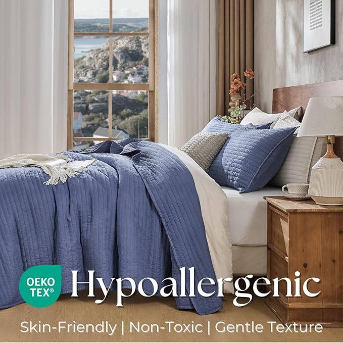 DOWN HOME Queen Quilt Bedding Set with Shams, Vintage Washed Soft Quilted Blanket Thin Comforter Lightweight Bedspread Coverlet Bed Cover, Brushed Microfiber Stripe Stitching, Vintage Denim, 86"x90"