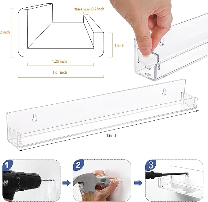4 Pack Clear Nail Polish Rack Wall Mounted,15 inch Invisible Acrylic Floating Bookshelf,Small Toy Storage Wall Shelf Modern Picture Ledge Vinyl Record Display Shelf Holder