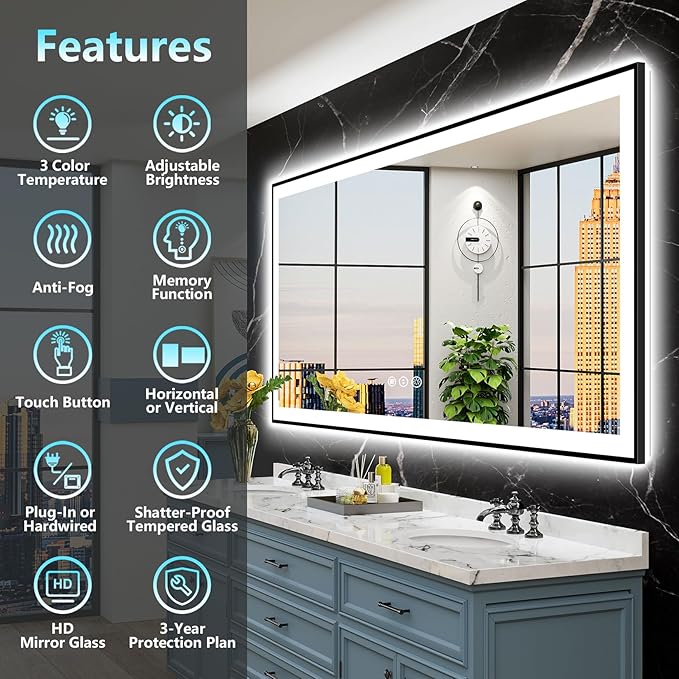 72x40 Inch Black Framed LED Bathroom Mirror with Lights, Backlit & Front Lit, Anti-Fog Lighted Vanity Mirrors for Bathroom Wall, Dimmable, 3-Color Light, Memory, Shatter-Proof, Tempered Glass