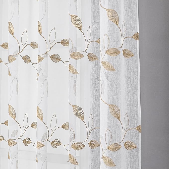 Tollpiz Taupe Leaf Sheer Curtain Leaves Embroidered Living Room Curtains Rod Pocket Voile Window Treatment for Bedroom, 54 x 72 inches Long, Set of 2 Panels
