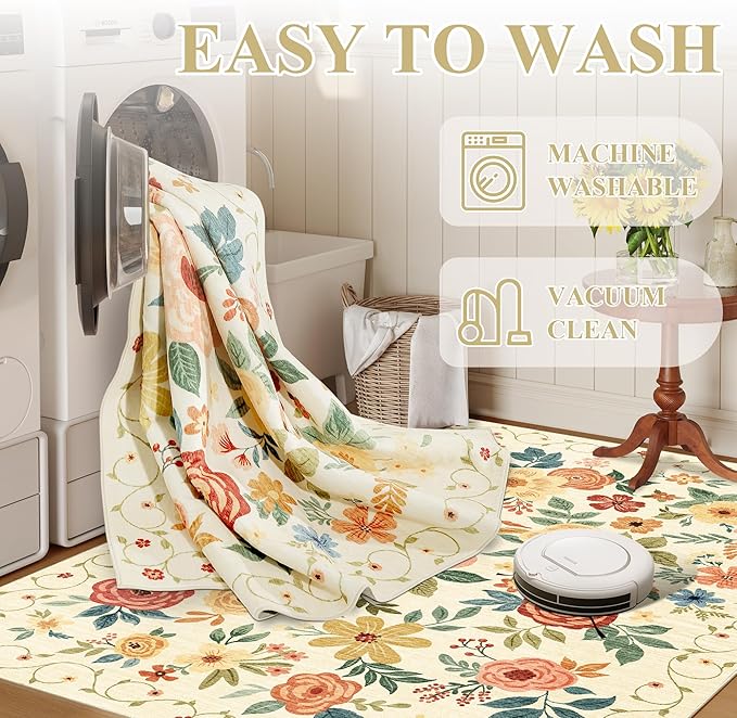 DUKINO 2x6 Runner Rug for Hallway, Washable Kitchen Runner Rug with Non Slip Backing, Low Pile Soft Boho Floral Runner for Kitchen, Hallway, Entryway, Laundry, Bedroom, Beige Yellow