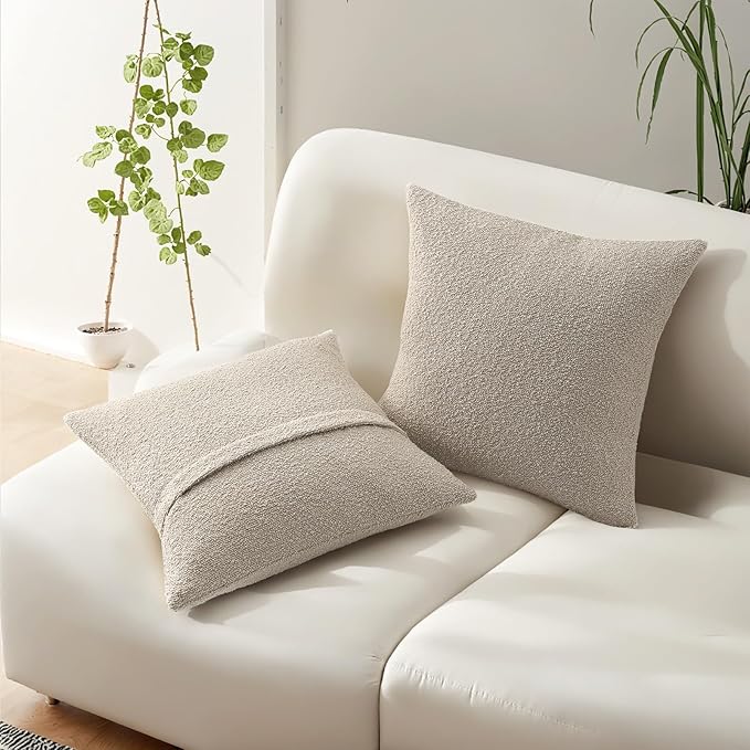 HAUSSY Set of 2 16x16 Decorative Throw Pillow Covers, Soft Cozy Textured Boucle Couch Cases, Home Decor for Couch Bed Living Room, Beige