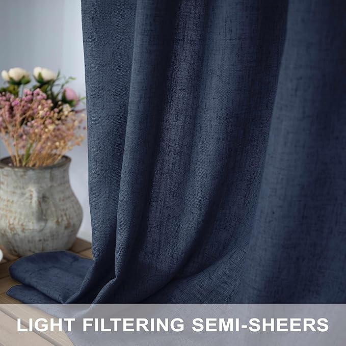 Navy Blue Curtains 72 Inch Length for Living Room Pair Set Back Tab Pocket Linen Panel Light Filtering Semi Sheer Dark Blue Curtains for Bedroom Door Picture Window Village Apartment Canopy 52x72 Long