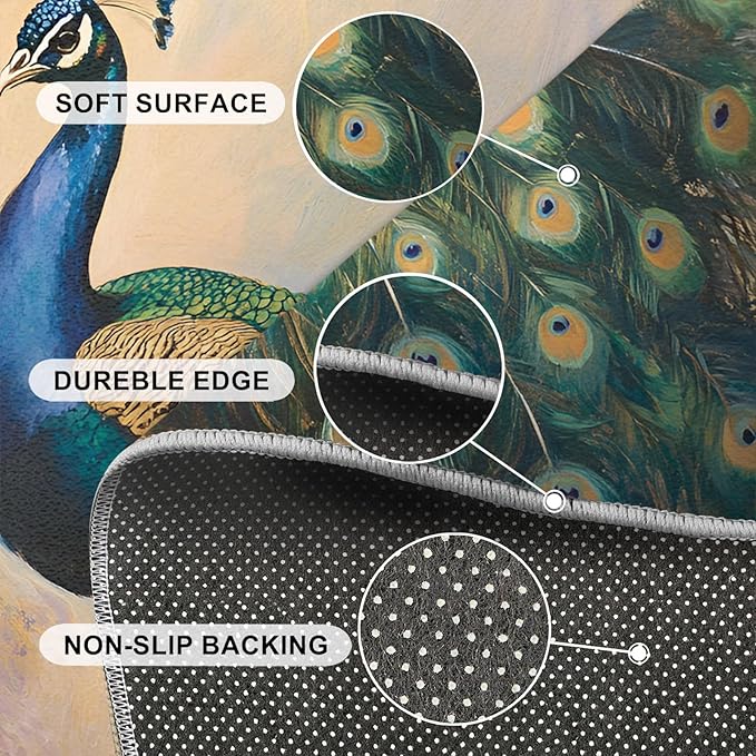 Peacock 3x4 Area Rugs for Living Room, Classic Animal Washable Non Slip Rugs, Gorgeous Feathers Low Pile Print Rug for Bedroom, Dining Room, Home Office