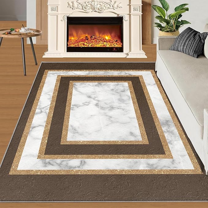 Marble Texture Area Rugs Rectangular Geometric Rug Gray White Marble Carpet Luxury Rug with Gold Accents Modern Minimalist Geometric Rugs for Bedroom Living Room 6x9ft