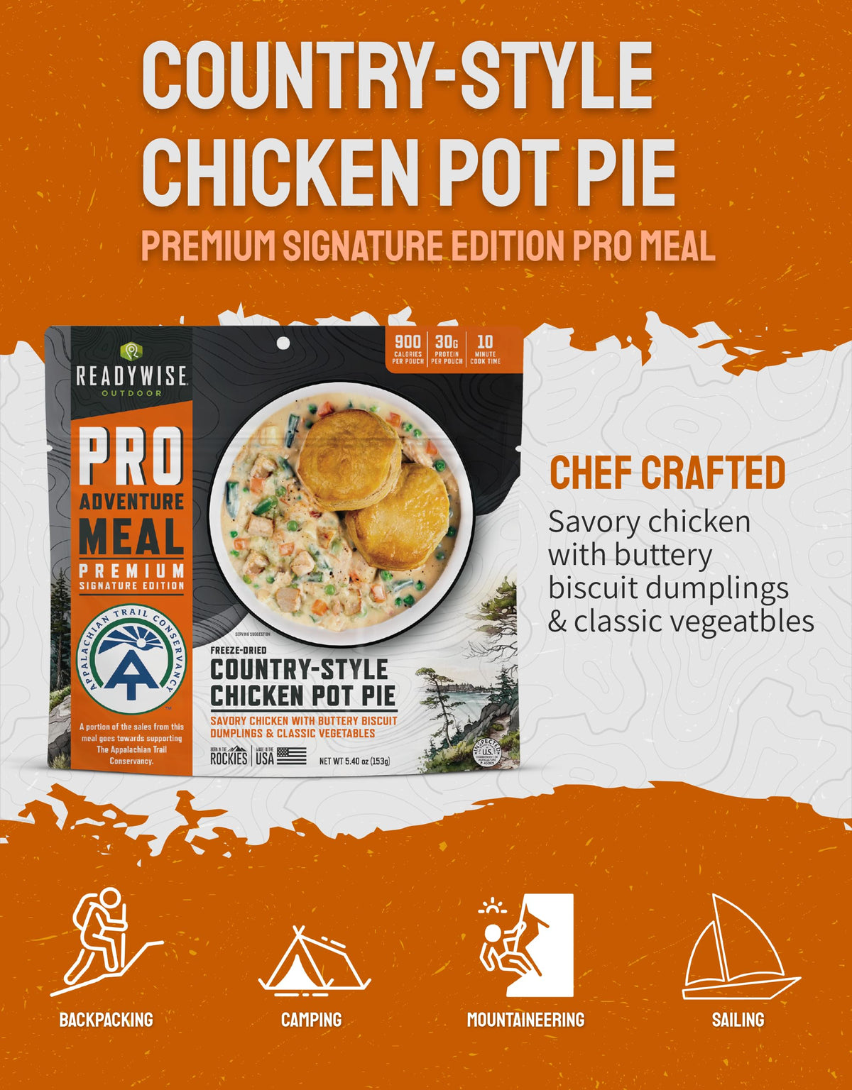 ReadyWise Outdoor Pro Adventure Meal - Country-Style Chicken Pot Pie, 2 Servings, 1 Pouch, 900 Calories, 30g Protein, Freeze Dried Food & Dehydrated Backpacking Camping Meals, up to 5 Year Shelf Life