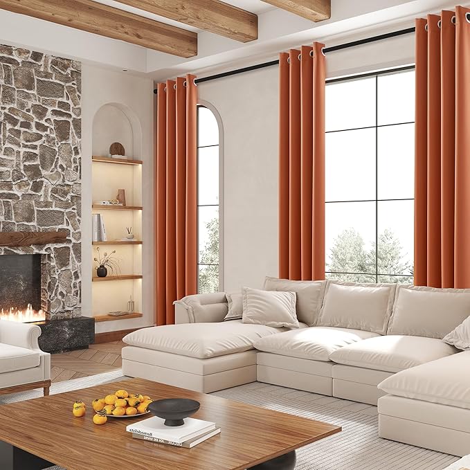 DUALIFE 120 Inch Patio Door Curtains - Fall Decor Earth Tone Extra Long Blackout Drapes Thermal Insulated Window Curtain Panels (Burnt Orange,Grommet,60 x 120 Inch Length 2 Panels)