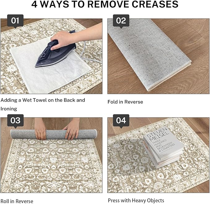 Vintage Floral 2.6x8 Runner Rug, Beige Tan White Washable Kitchen Runner Rug Non-Slip Hallway Rug Runner Thin Printed Faux Wool Super Soft Carpet for Entryway Bedroom Laundry Room Indoor