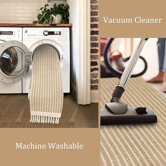Lahome Boho Laundry Room Rug, 2x7 Runners for Hallways Lightweight Entry Woven Cotton Runner Rug with Tassels, Farmhouse Non Shedding Washable Rugs Low Pile Runner for Kitchen Bathroom, Khaki