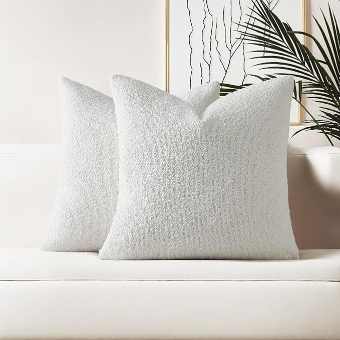 HAUSSY Christmas White Set of 2 16x16 Decorative Throw Pillow Covers, Soft Cozy Textured Boucle Couch Cases, Home Decor for Couch Bed Living Room