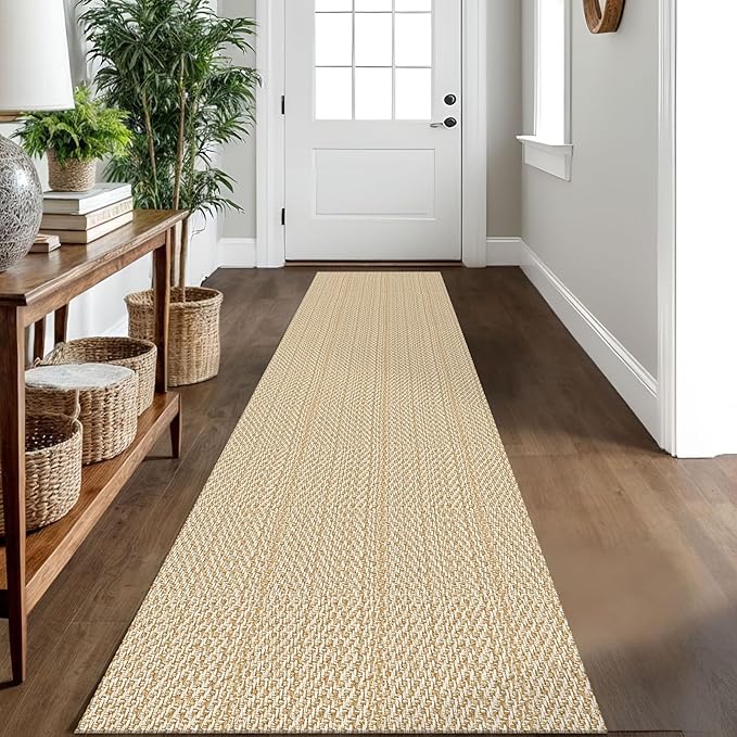 IOHOUZE Washable Runner Rug 2x10 Non Slip Rubber Backed Long Hallway Runner Entryway Runner Indoor, Kitchen Rugs Woven Cotton Floor Carpet for Hall Entrance, Warm Beige/Orange/Apricot
