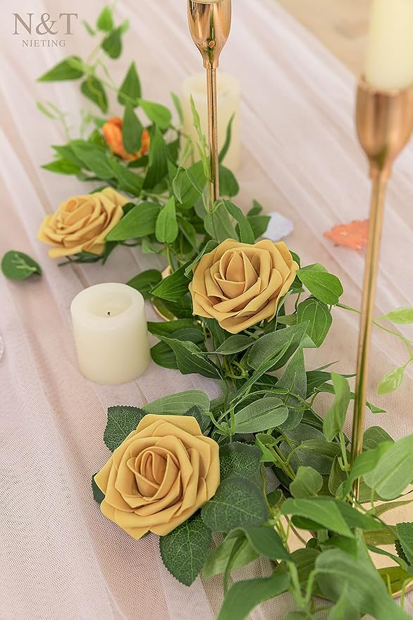 N&T NIETING Artificial Rose Flowers, 25pcs Fake Flowers Fall Yellow Rose DIY for Wedding Bridesmaid Bridal Bouquets Centerpieces Party Cake Decoration Home Display, Gold Yellow