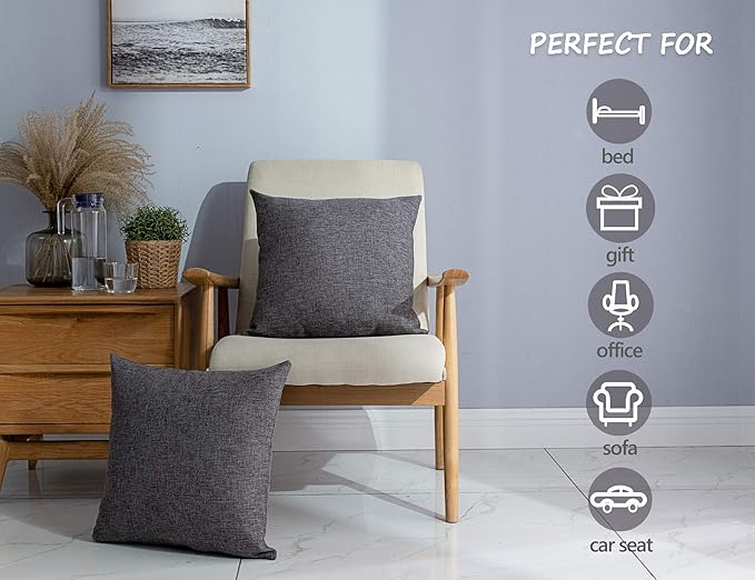 Stellhome Burlap Throw Pillow Covers Square Solid Decorative Farmhouse Linen Cushion Covers for Bed Couch Sofa Bench, 16 x 16 inch (40 cm), Dark Grey, Set of 2