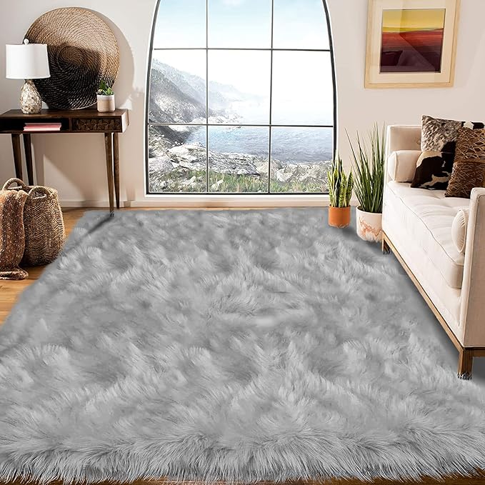 Latepis 8 x 10 Area Rugs for Living Room Grey Faux Fur Rug for Bedroom Fuzzy Washable Sheepskin Rug Fluffy Furry Rugs for Office Entertainment Room Luxury Home Décor
