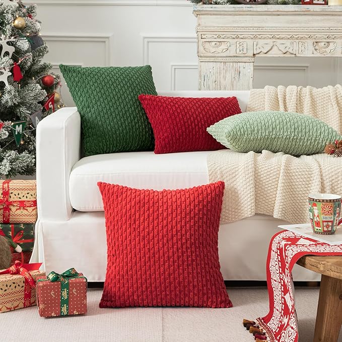 Kevin Textile Christmas Corduroy Decorative Throw Pillow Covers 12x20 Inch Pack of 2 Soft Boho Striped Pillow Covers Modern Farmhouse Home Decor for Sofa Living Room Couch Bed Red