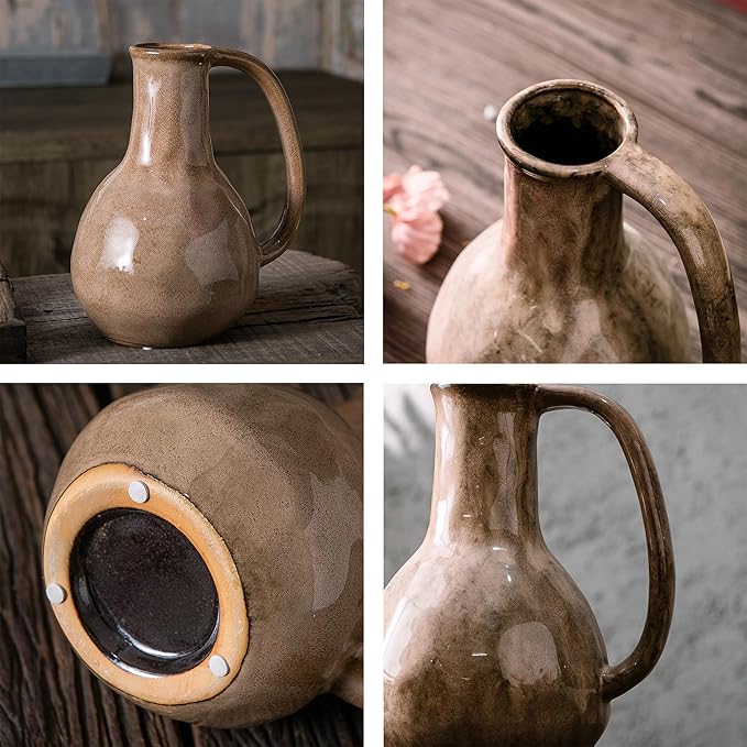 Brown Ceramic Vase with Big Handles, Modern Farmhouse Decor, Rustic Pottery for Flowers, Decorative Terracotta Centerpiece for Dining Table