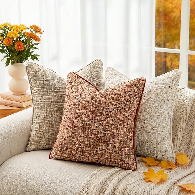 a moment Fall Rust Orange Reversible Pillow Covers 2 Pack - Farmhouse Chenille Throw Pillows, Neutral Textured Decorative Throw Pillow Covers with Border for Couch Sofa Bed (20x20 Inch, No Insert)