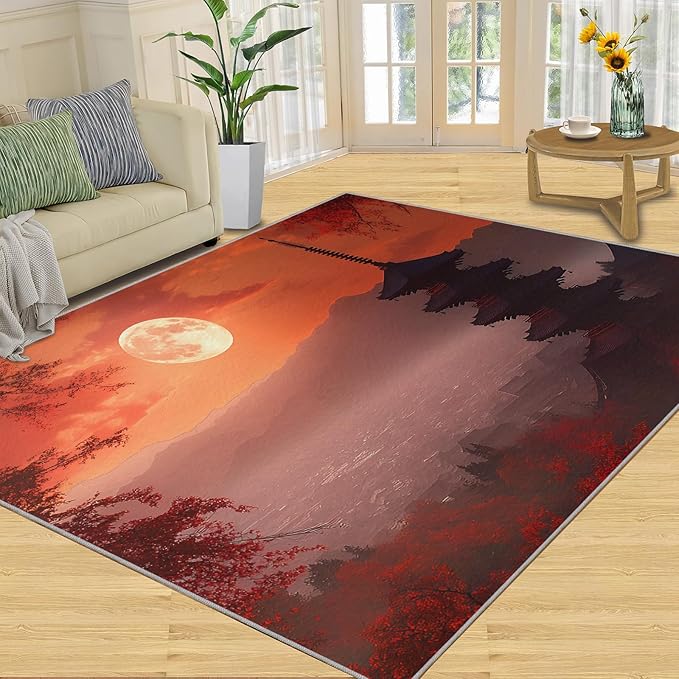 Japanese Style Area Rug 5x8 Washable Rug Red Maple Leaves Rugs for Living Room Sunset Scene Non Slip Carpet Floral Print Mat Bedroom Bathroom