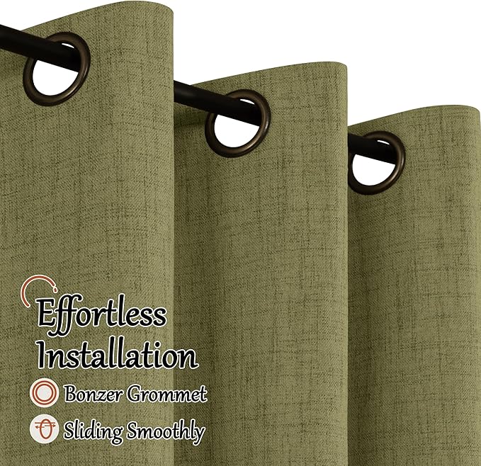 Lajode 100% Linen Blackout Curtains for Bedroom Living Room 45 Inch Long 2 Panels, Thermal Insulated Light Blocking Soundproof Curtains, Noise Reducing Window Drapes 52x45 Inch 2 Panels, Olive Green