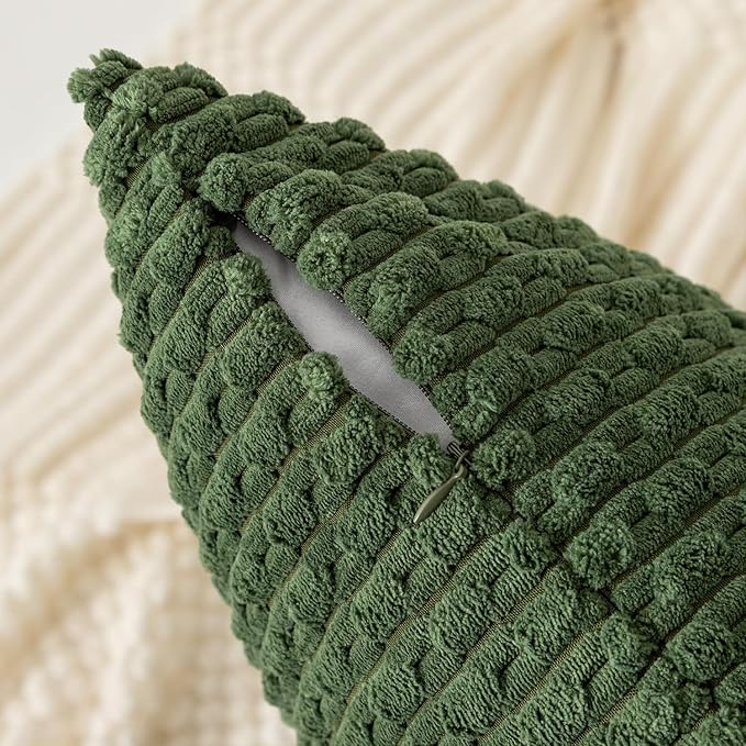 Kevin Textile Throw Pillow Covers Soft Corduroy Decorative Set of 2 Boho Striped Pillow Covers Pillowcases Farmhouse Home Decor for Couch Bed Sofa Living Room 22x22 Inch Moss Green