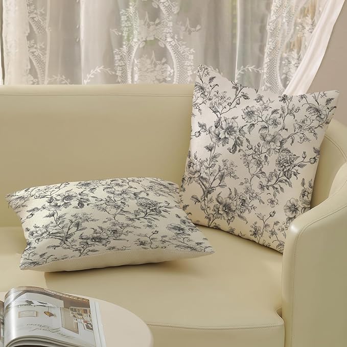 Black and Cream Pillow Covers 18x18 Set of 2 Vintage Floral Chinoiserie Throw Pillows Rustic Toile Flower Decorative Pillow Cases Outdoor Chinoiserie Decor Linen Cushion Case for Couch Sofa