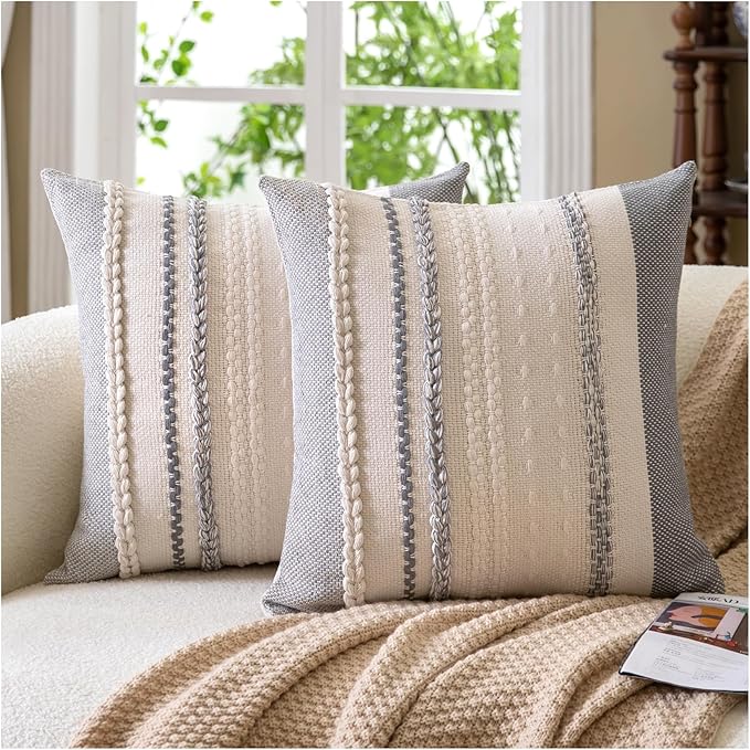Boho Throw Pillow Covers 20x20 Inch Set of 2, Grey Textured Decorative Couch Pillow Cases for Farmhouse Home Decor, Accent Cushion Cover for Sofa, Bed, Living Room, Bedroom