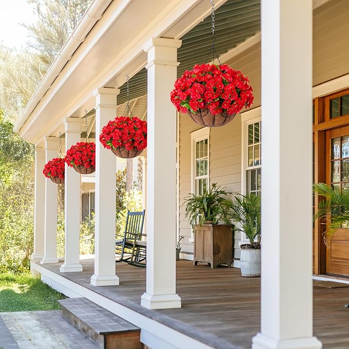 Artificial Hanging Flower Plants with Basket for Outdoor Decoration, Faux Petunias Flowers Fake Morning Glory Planter for Outside Patio Garden Porch Balcony Yard Decor(Red)