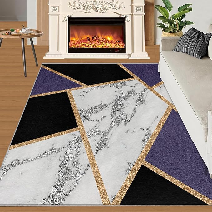 Black Gold Marble Area Rugs Geometric Marble Area Rug Modern Minimalist Carpet Irregular Geometric Patchwork Carpet Low Pile Non-Slip Rug for Living Room 5x6ft