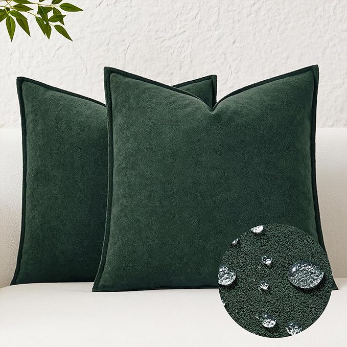 Kevin Textile Christmas Decorative Pillow Covers Dark Green 24x24 Inch Pack of 2 Soft Boucle Textured Waterproof Euro Pillowcases Accent Pillows for Couch Sofa Chair Bed Home Decor Indoor Outdoor
