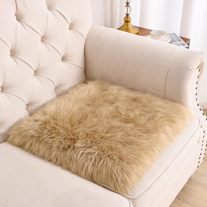 Softlife Beige Faux Fur Sheepskin Chair Cover Fur Rug Seat Cushion Chair Pad Super Soft Area Rugs for Living Room Bedroom Dorm Home Decor Fall Decor (1.6ft x 1.6ft)