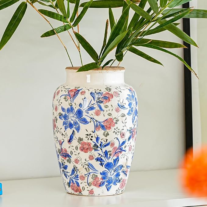 Sungmor Ceramic Flower Vase, Vintage Ice Cracked Glaze Porcelain Vase, Pretty Home Decor Vase for Flower Arrangement, Fresh Flowers, 10.2 Inch Tall Chinoiserie Pottery Vase, Blue Floral Pattern