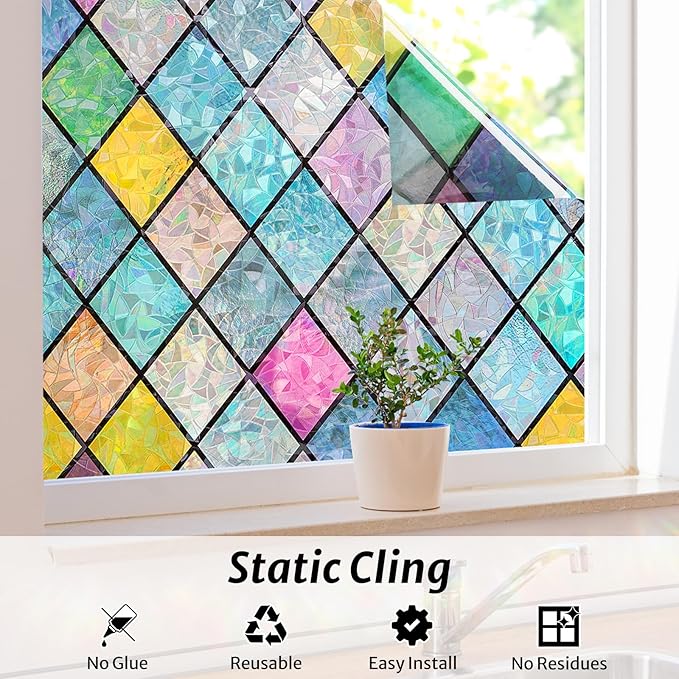 rabbitgoo Stained Glass Window Film Rainbow Film Decorative 3D Privacy Sticker Colorful Lattice Window Decals Cling, Sun Catcher Static Decals for Home 35.4"×157.4"