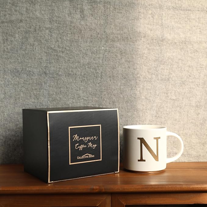 COLLECTIVE HOME - Monogram Ceramic Mugs, 15 oz Golden Initial Coffee Cups, Elegant Alphabet Tea Mugs, Elegant Personalized Mug with Gift Box, Unique Mug with Double Side Capital Letter (N)