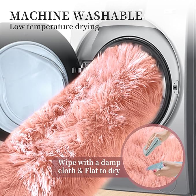 Pink Washable Fluffy Circle Rugs for Bedroom Small Faux Sheepskin Shag Fur Round Rugs 4ft Nursery Rug Cute Room