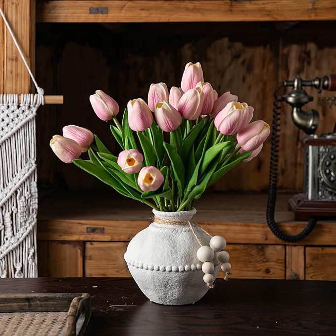 Rustic Ceramic Vase with Boho Wooden Beads, Matte Decorative Pottery for Modern Farmhouse and Bohemian Decor, Floral Arrangements, Bedroom, Shelf, or Side Table Accents
