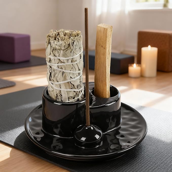 Palo Santo Sticks Holder, Multi-Purpose Handmade Ceramic Incense Burner for Palo Santo Incense Sticks, Sage Holder for Burning, Ash Catcher Tray for Meditation Yoga Room (Black)