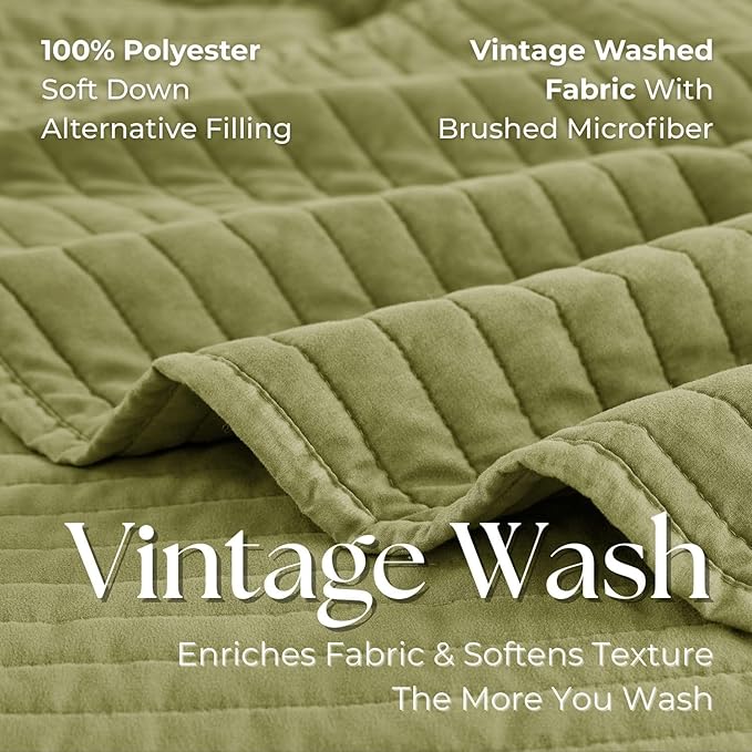 DOWN HOME Twin Quilt Bedding Set with Sham, Vintage Washed Soft Quilted Blanket Thin Comforter Lightweight Bedspread Coverlet Bed Cover, Brushed Microfiber Stripe Stitching, Golden Olive, 66"x92"