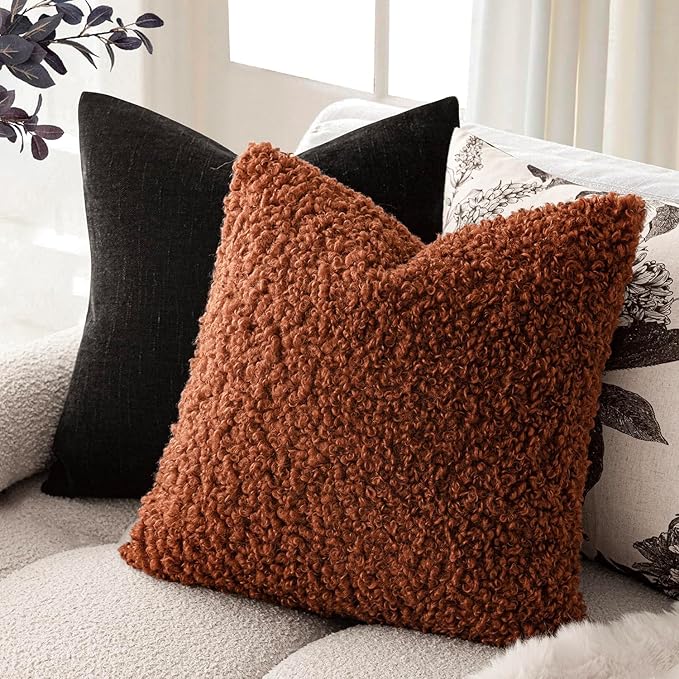 Foindtower 2 Pieces 16x16 Inch Hazel Brown,Faux Fur Throw Pillow Cover Accent Sherpa Furry Pillow Covers Fuzzy Soft Pillowcases Cozy Sheepskin Decorative Fleece Cushion Case for Bed Couch Living Room