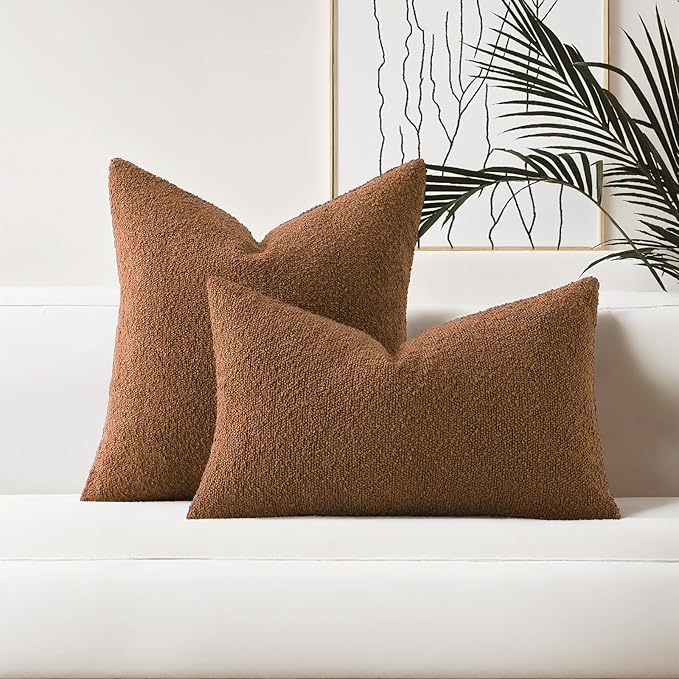 HAUSSY Set of 2 20x20 Decorative Throw Pillow Covers, Soft Cozy Textured Boucle Couch Cases, Home Decor for Couch Bed Living Room, Tobacco