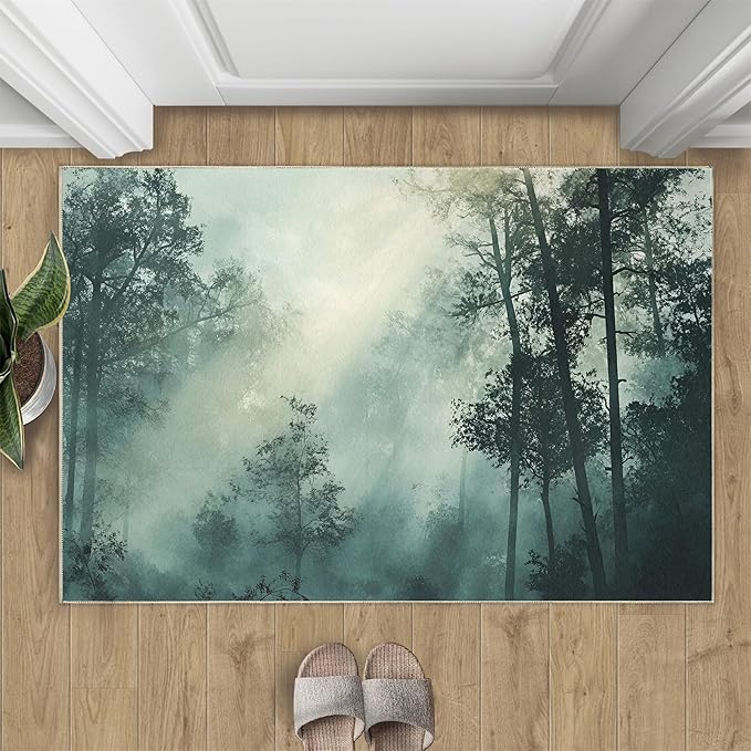 Forest Rug for Living Room, Misty Forest 5x8 Area Rug Natural Landscape Rug for Bedroom Non-Slip Indoor Floor Carpet, Low Pile Resistant Carpet for Dining Room, Office, Home Decor